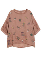 Modern Pink Regular Embroideried Summer Floral Half Sleeve