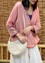 Load image into Gallery viewer, Modern Pink V Neck Embroideried Floral Linen Tops Long Sleeve