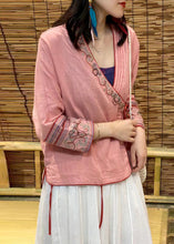 Load image into Gallery viewer, Modern Pink V Neck Embroideried Floral Linen Tops Long Sleeve