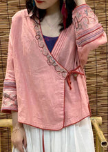 Load image into Gallery viewer, Modern Pink V Neck Embroideried Floral Linen Tops Long Sleeve