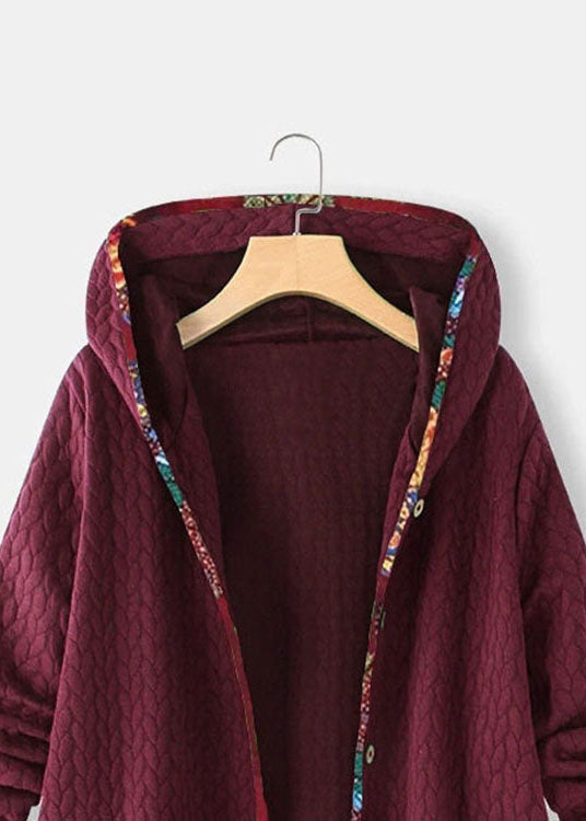Modern Purple Hooded Print Button Patchwork Thick Coats Fall