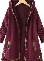 Modern Purple Hooded Print Button Patchwork Thick Coats Fall