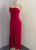 Modern Red Bustier Top Patchwork Side Open Jumpsuit Summer