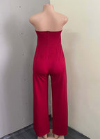 Modern Red Bustier Top Patchwork Side Open Jumpsuit Summer