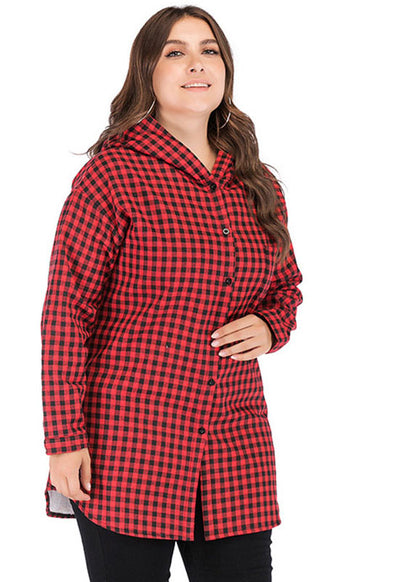 Modern Red Plaid Button Warm Fleece Hooded Coat Long Sleeve