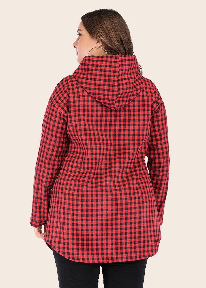 Modern Red Plaid Button Warm Fleece Hooded Coat Long Sleeve