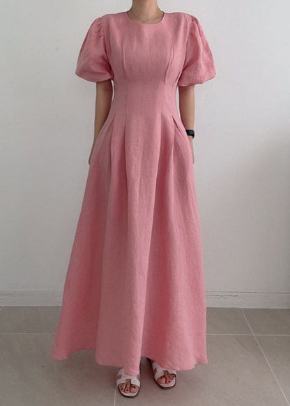 Modern Rose Cinched Wrinkled Linen Long Dress Puff Sleeve