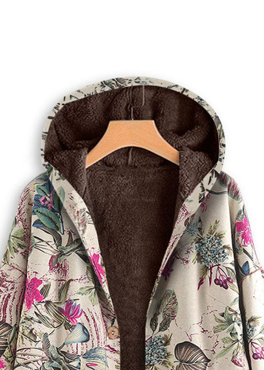 Modern Rose Hooded Print Button Patchwork Warm Fleece Coats Fall
