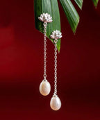 Modern Silk Sterling Silver Inlaid Pearl Lotus Drop Earrings