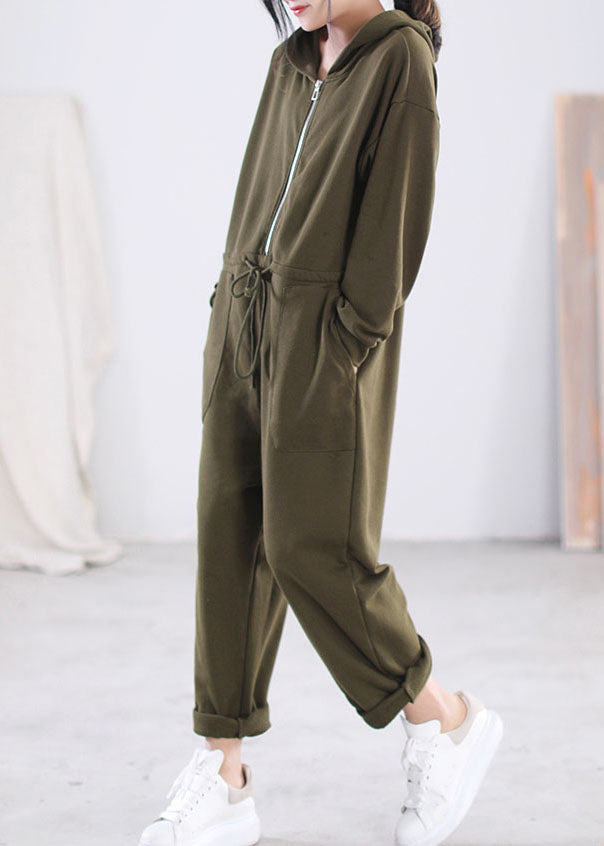 Modern Solid Green Hooded Zippered Drawstring Cotton Overalls Jumpsuit Long Sleeve