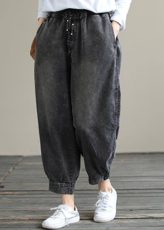Modern Spring Wide Leg Pants Trendy Plus Size Denim Gray Sewing Elastic Waist Pockets Jeans