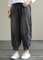 Modern Spring Wide Leg Pants Trendy Plus Size Denim Gray Sewing Elastic Waist Pockets Jeans