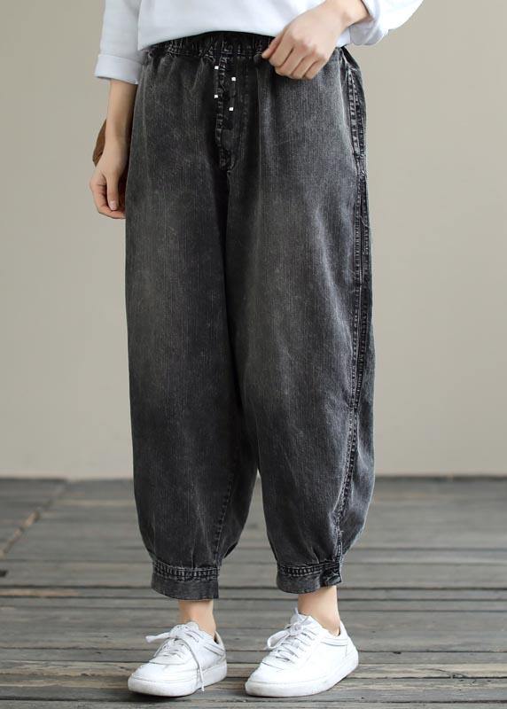 Modern Spring Wide Leg Pants Trendy Plus Size Denim Gray Sewing Elastic Waist Pockets Jeans