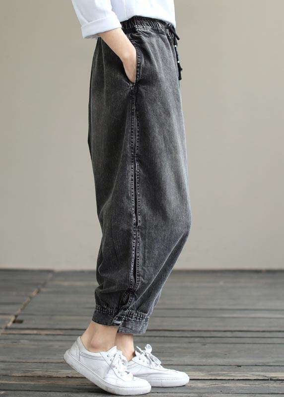 Modern Spring Wide Leg Pants Trendy Plus Size Denim Gray Sewing Elastic Waist Pockets Jeans