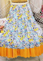 Modern Yellow Elastic Waist Patchwork Print Silk Skirts Spring