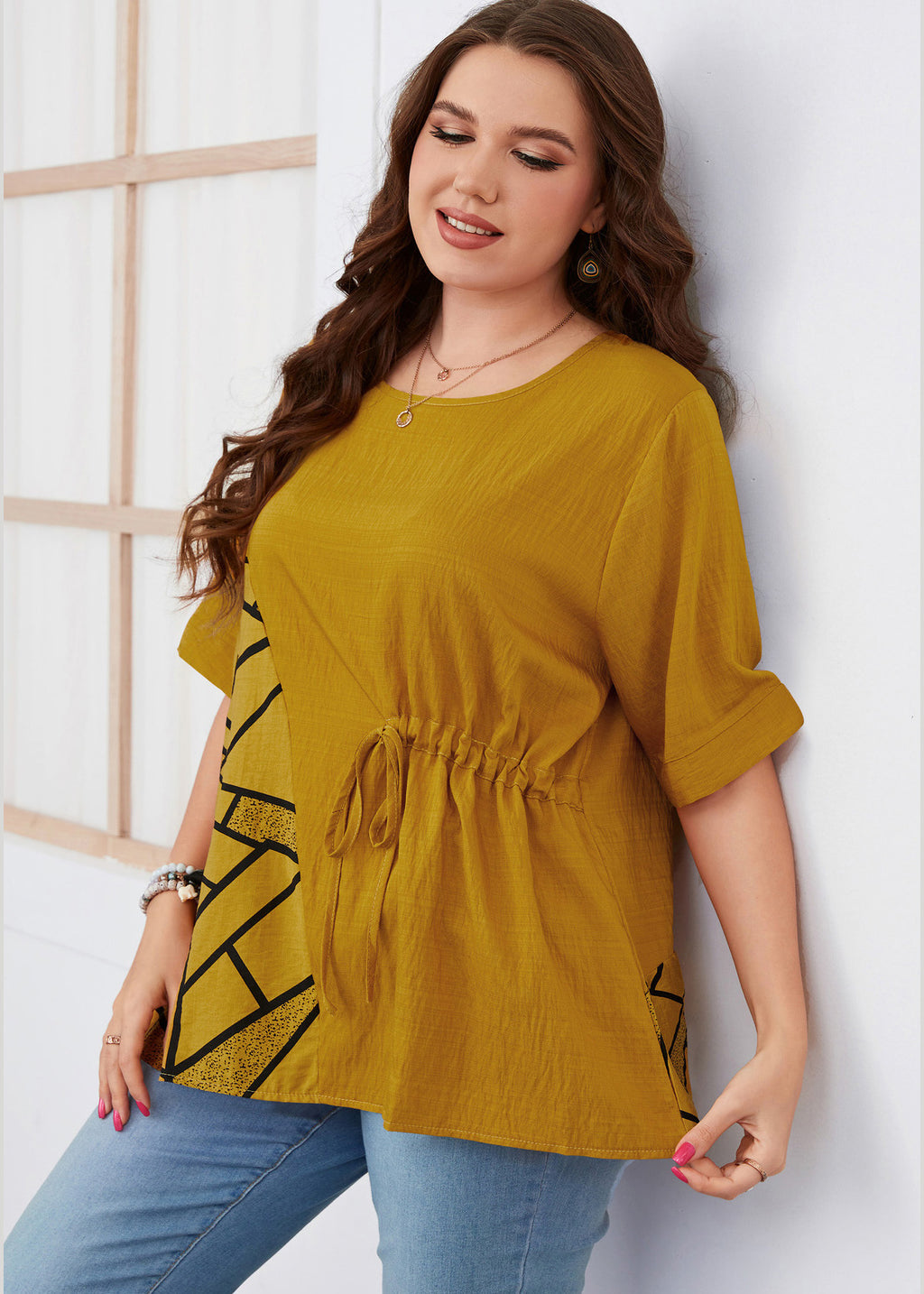 Modern Yellow O-Neck Print Patchwork Tie Waist Top Short Sleeve