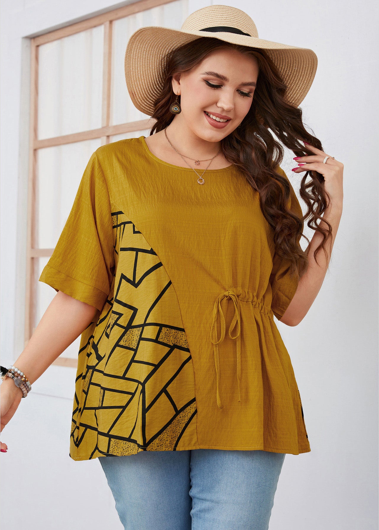 Modern Yellow O-Neck Print Patchwork Tie Waist Top Short Sleeve