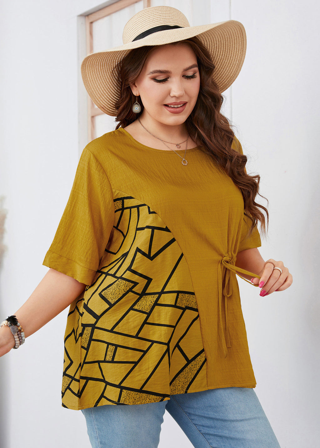 Modern Yellow O-Neck Print Patchwork Tie Waist Top Short Sleeve