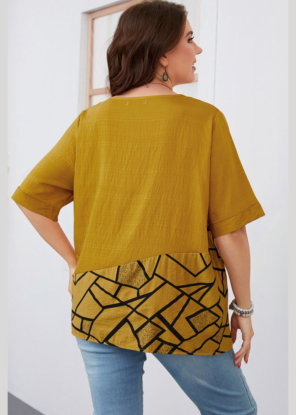 Modern Yellow O-Neck Print Patchwork Tie Waist Top Short Sleeve