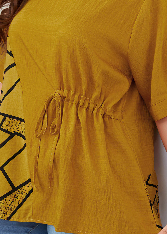 Modern Yellow O-Neck Print Patchwork Tie Waist Top Short Sleeve