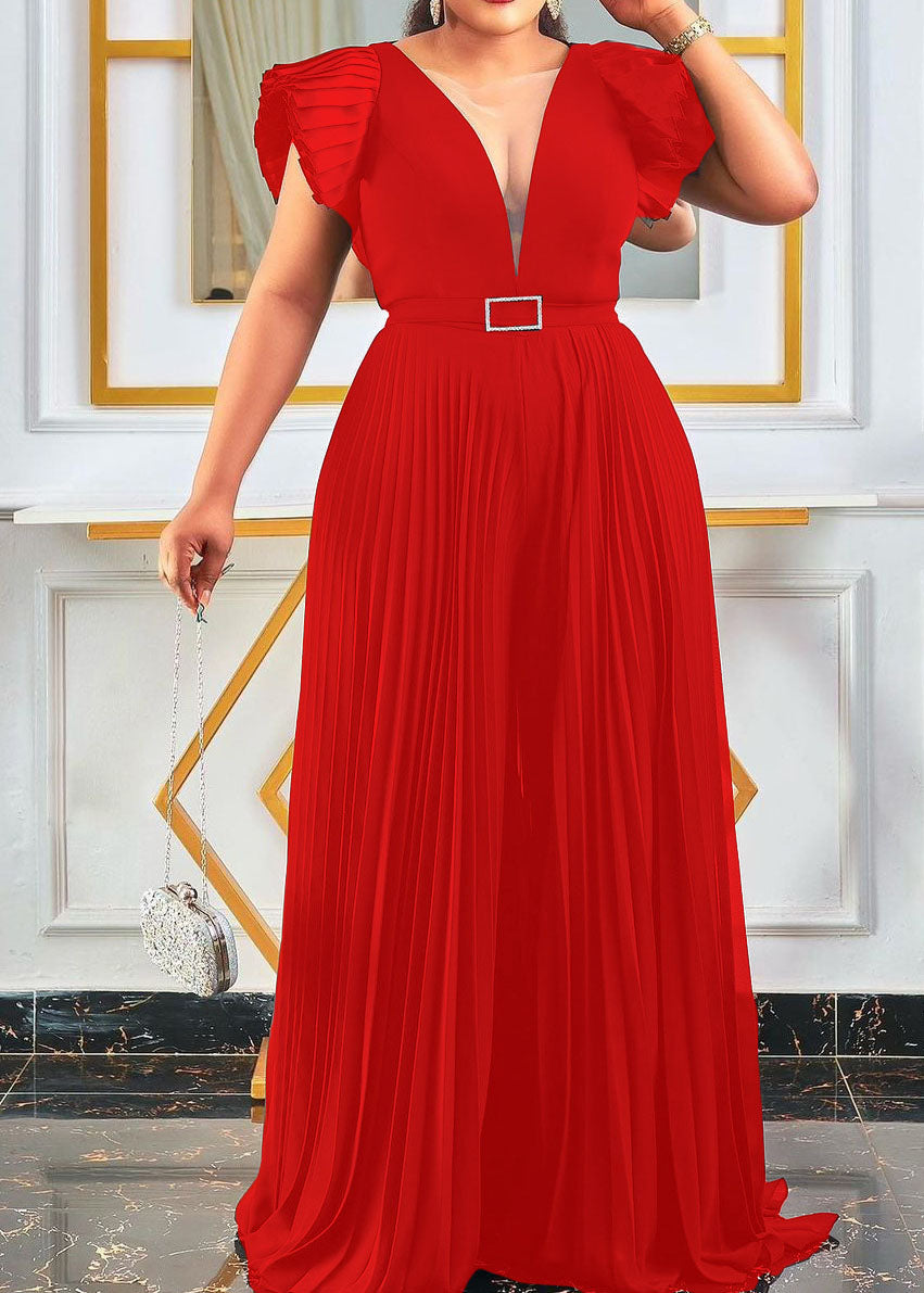 Modern Yellow V Neck Wrinkled Sashes Solid Tulle Patchwork Jumpsuit Summer