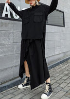 Modern black cotton linen asymmetric Ruffles fall skirt