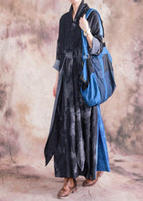 Load image into Gallery viewer, Modern denim black cotton dress v neck patchwork loose fall Dress