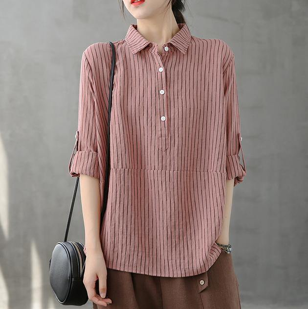 Modern lapel Button Down tops women Fabrics pink striped shirt