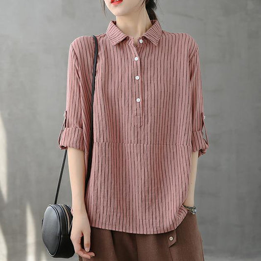 Modern lapel Button Down tops women Fabrics pink striped shirt