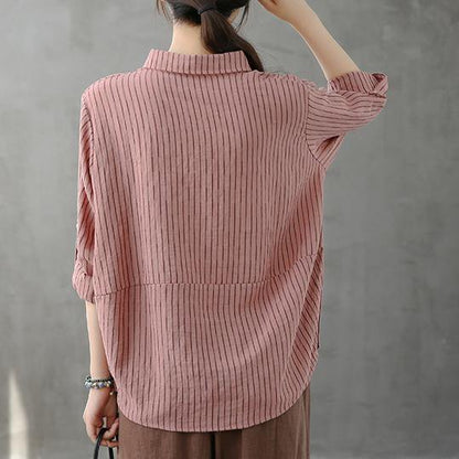 Modern lapel Button Down tops women Fabrics pink striped shirt