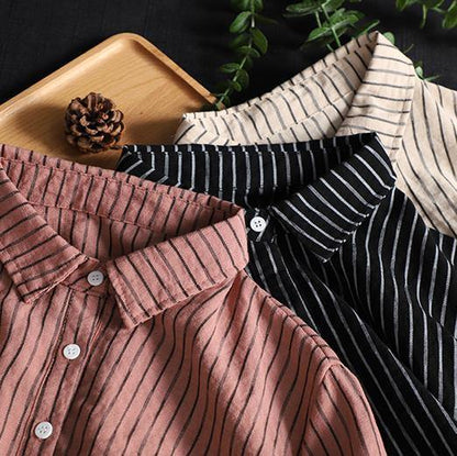 Modern lapel Button Down tops women Fabrics pink striped shirt