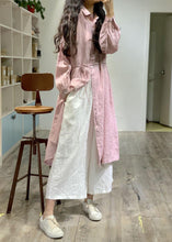Load image into Gallery viewer, Modern pink lapel collar linen dresses long sleeve baggy fall Dress