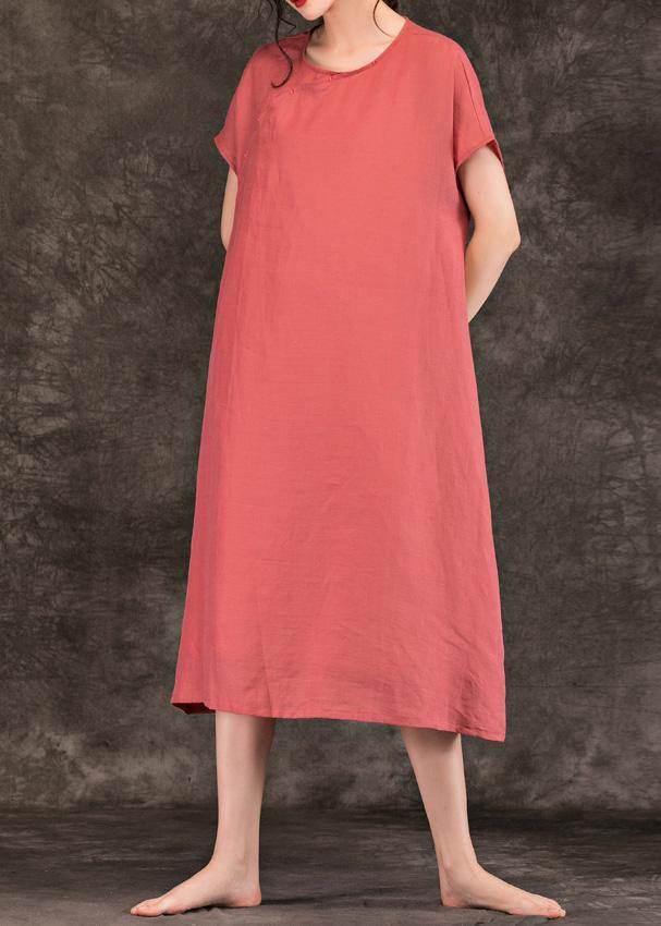 Modern pink linen Long Shirts o neck short sleeve Plus Size summer Dresses