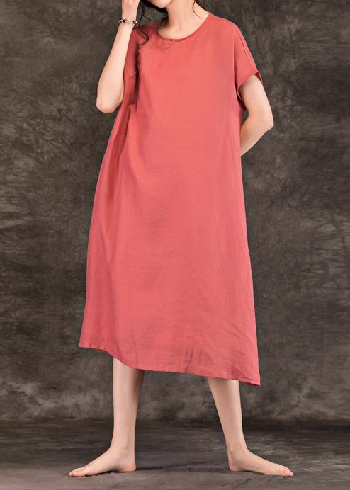 Modern pink linen Long Shirts o neck short sleeve Plus Size summer Dresses