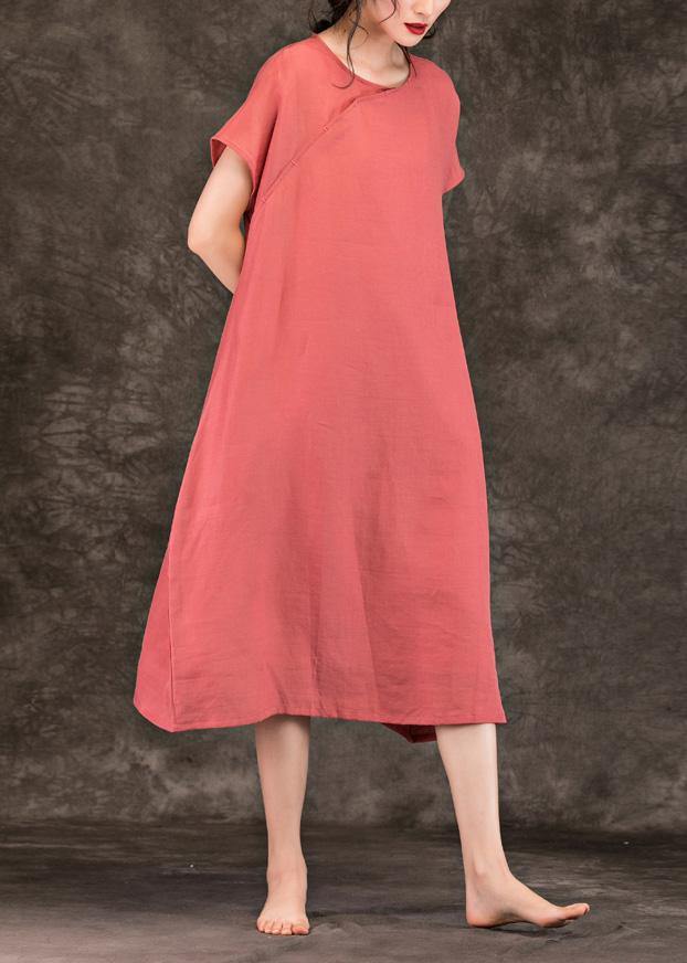 Modern pink linen Long Shirts o neck short sleeve Plus Size summer Dresses