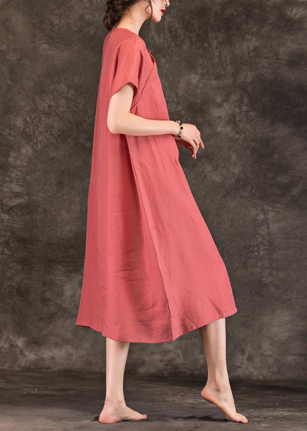 Modern pink linen Long Shirts o neck short sleeve Plus Size summer Dresses
