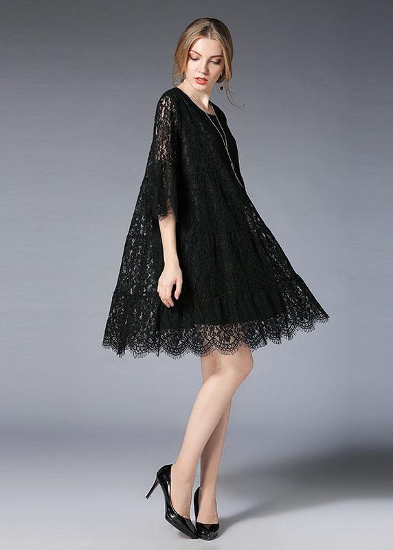 Natural Black Flare Sleeve Hollow Out Spring Holiday Dress