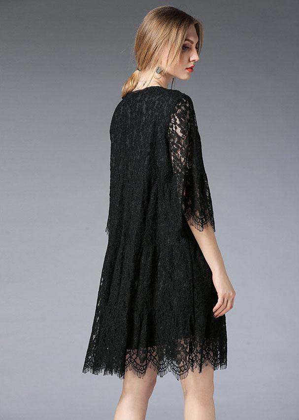 Natural Black Flare Sleeve Hollow Out Spring Holiday Dress