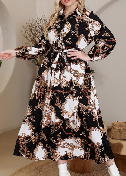 Natural Black Peter Pan Collar Print Button Vacation Maxi Dresses Fall
