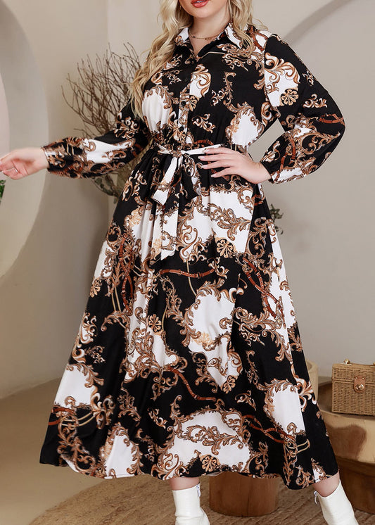 Natural Black Peter Pan Collar Print Button Vacation Maxi Dresses Fall