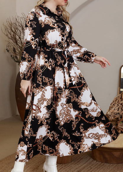 Natural Black Peter Pan Collar Print Button Vacation Maxi Dresses Fall