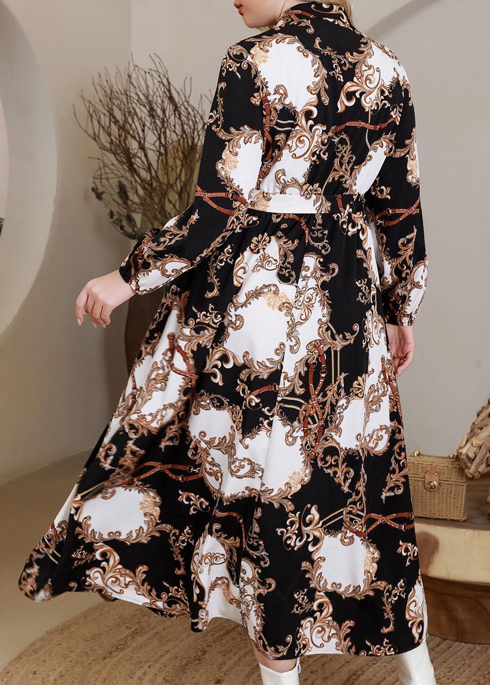 Natural Black Peter Pan Collar Print Button Vacation Maxi Dresses Fall