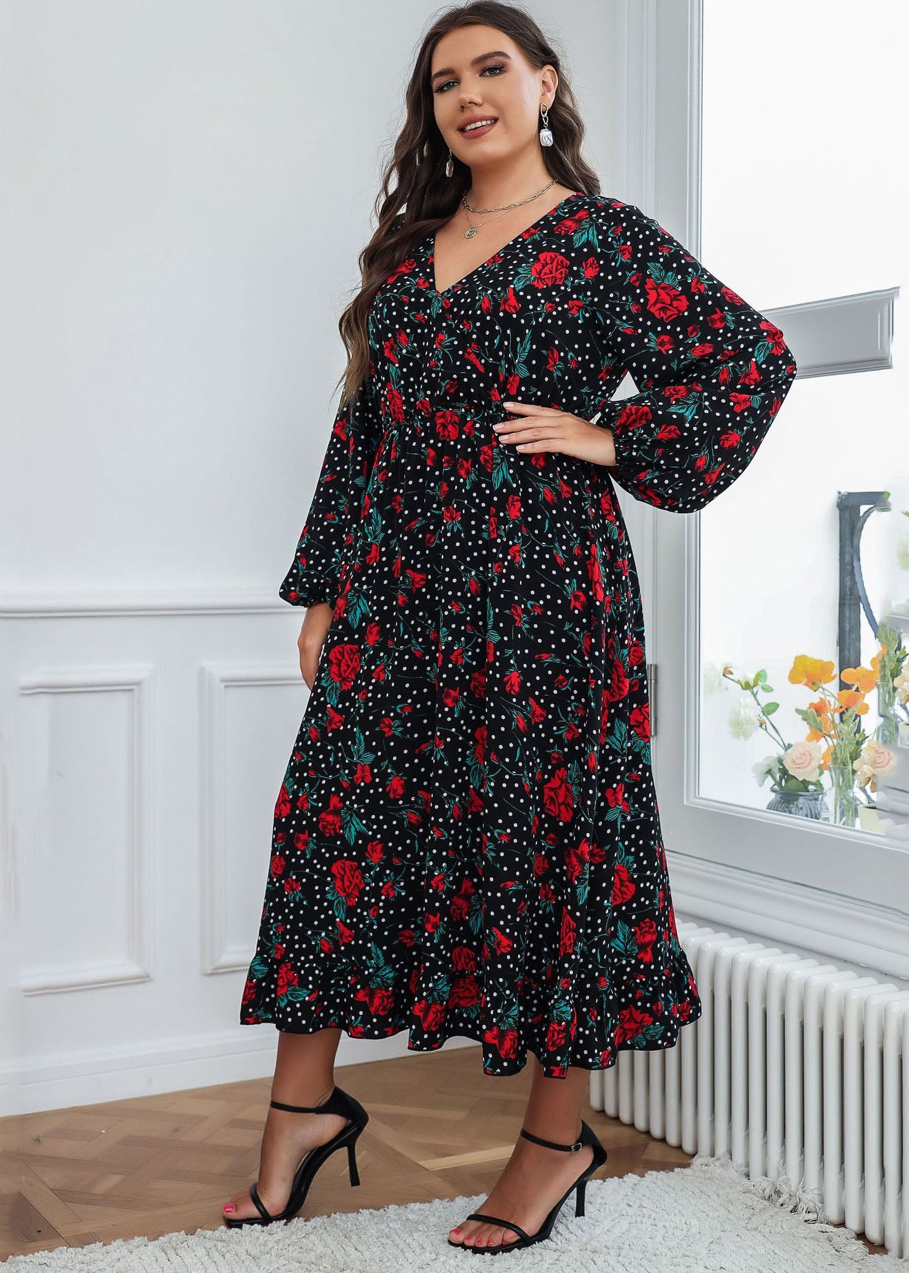 Natural Black Print Wrinkled Chiffon Long Dress Fall