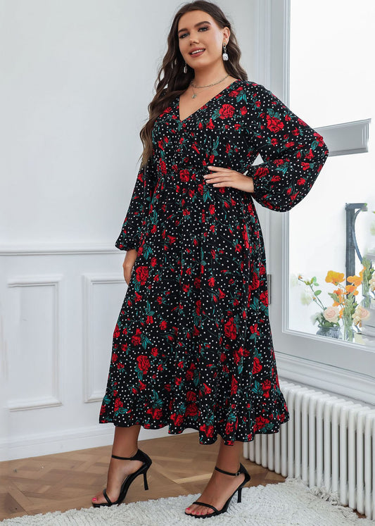 Natural Black Print Wrinkled Chiffon Long Dress Fall