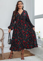 Natural Black Print Wrinkled Chiffon Long Dress Fall
