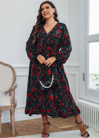 Natural Black Print Wrinkled Chiffon Long Dress Fall