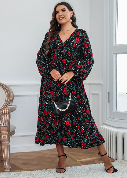 Natural Black Print Wrinkled Chiffon Long Dress Fall