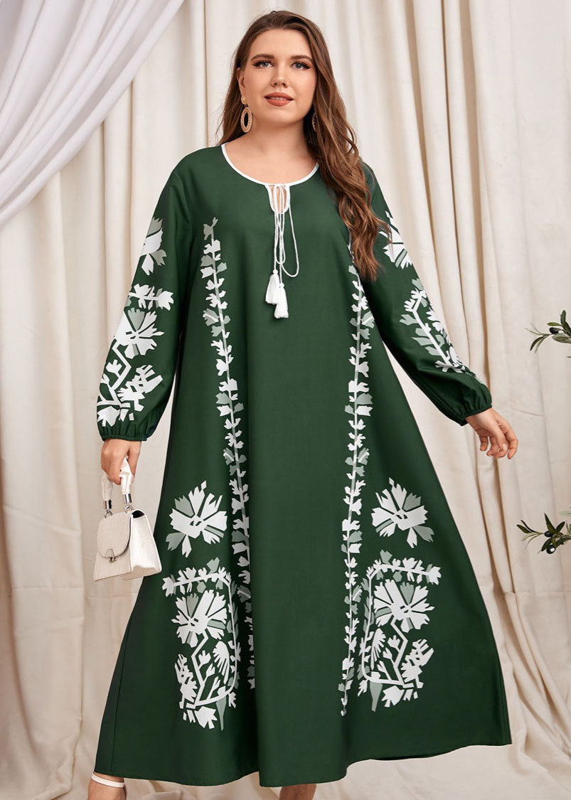Natural Blackish Green Lace Up Print Patchwork Cotton Dress Fall
