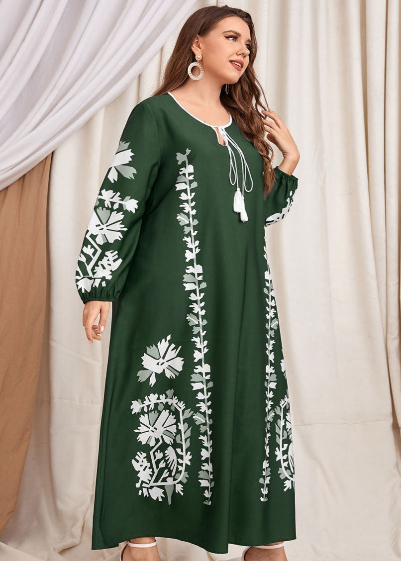 Natural Blackish Green Lace Up Print Patchwork Cotton Dress Fall