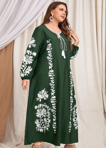 Natural Blackish Green Lace Up Print Patchwork Cotton Dress Fall